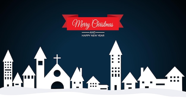 Night skyline of a mountain town with snow A church and houses in silhouette Christmas background vector illustration for card and greeting