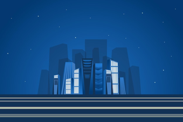 night skyscrapers landscape in flat style