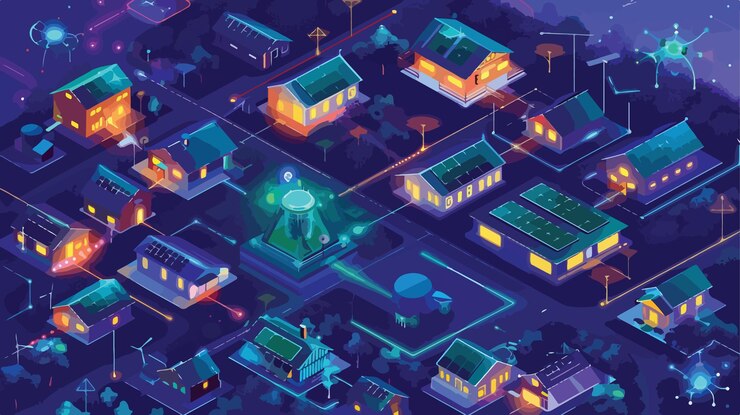 Vector night smart farm management in digital village countryside