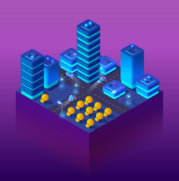 Night smart isometric city 3d illustration for design