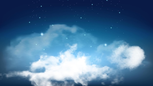 Vector night starry sky with flying fluffy clouds vector