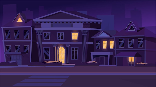 Vector night street in suburb district concept. suburban houses with glowing windows, road and cityscape view. evening landscape with cottages building. vector illustration background in flat cartoon design