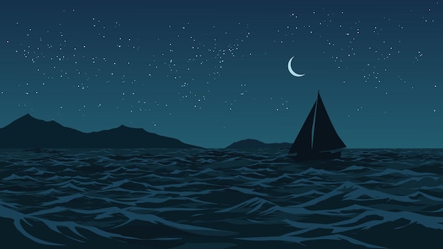 Vector night time over ocean with a sailing boat