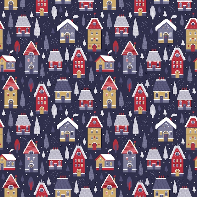 Night town on winter snowy landscape. Vector seamless pattern. Hand drawn background of village houses, Christmas trees, falling snow in Scandinavian style. Happy New Year and Christmas illustration.
