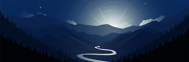 Vector night valley mountains and moon scene panoramic illustration