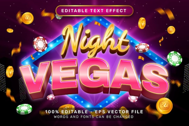 Vettore night vegas effetto di testo 3d ed effetto di testo modificabile con sfondo chiaro