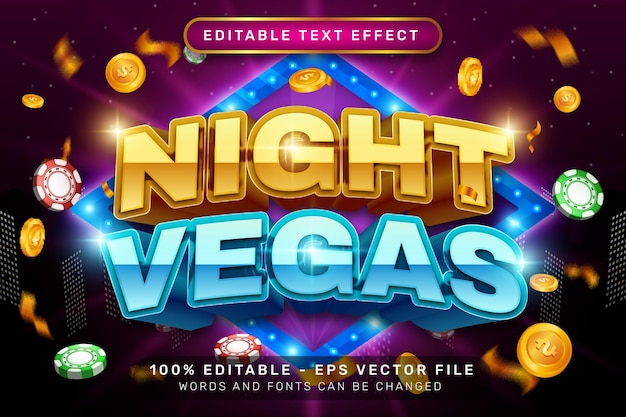 Vettore night vegas effetto di testo 3d ed effetto di testo modificabile con sfondo chiaro