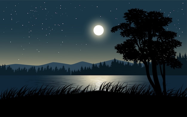 Вектор Ночная точка зрения на берегу реки с луной и звездами