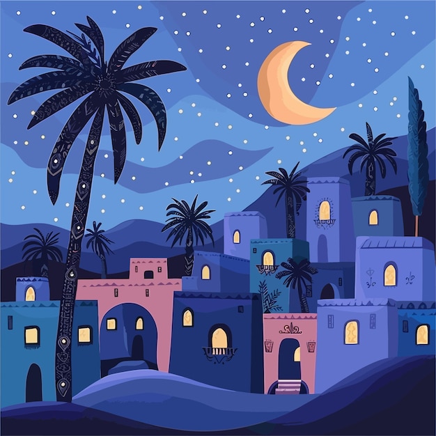 Ночной вид средиземноморского дома в арабском или марокканском стиле