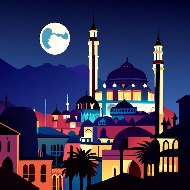 Vettore vista notturna della vecchia città kaleici e moschea ad antalya in turchia in estate illustrazione vettoriale