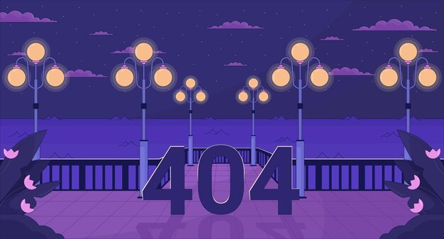 Vector night waterfront streetlights error 404 flash message city quay lampposts website landing page ui design not found cartoon image dreamy vibes vector flat illustration with 90s retro background