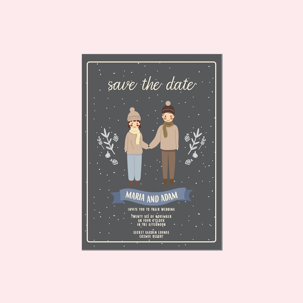 Vector night winter couple illustration save the date invitation