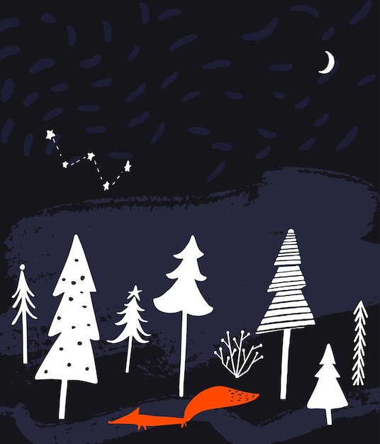 Paesaggio notturno della foresta invernale con alberi volpe cielo stellato e luna cartolina di natale design
