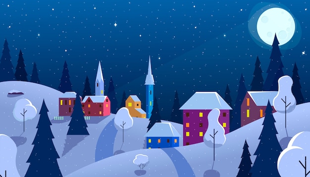 Night winter landscape in flat style