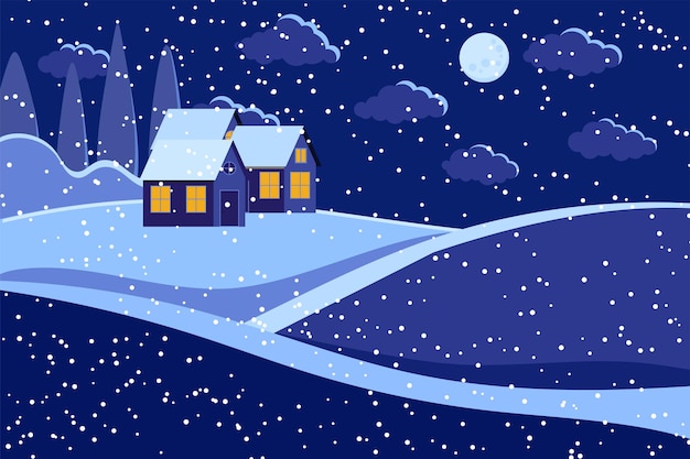 night winter landscape scene with moon and houses. snowy winter night background. rural meadow and farm houses on hill with light from the windows. flat design cartoon style vector illustration.