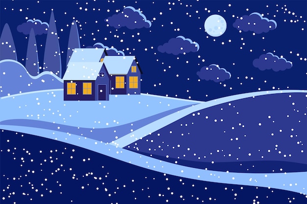 Scena di paesaggio invernale notturno con luna e case. priorità bassa di notte di inverno nevoso. prato rurale e case coloniche in collina con luce dalle finestre. illustrazione di vettore di stile del fumetto design piatto.