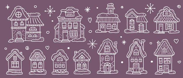 Vector night winter town cute houses snowcovered on a violet background linear doodle elements