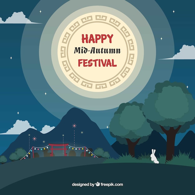 Vector night with full moon, mid autumn festival