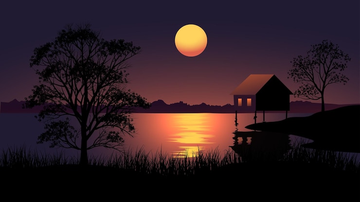 Vector night with hut at river in the moonlight