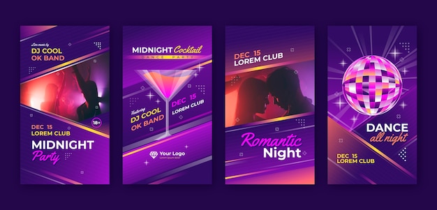 Вектор Коллекция рассказов instagram о ночном клубе и ночной жизни