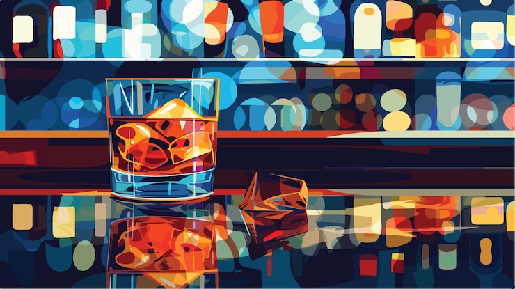 Vector nightclub bar counter whiskey glass ice reflection celebration