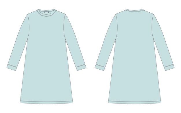 Технический эскиз ночной рубашки Хлопковая сорочка для детей Векторная иллюстрация ночной рубашки Мятный цвет Вид сзади и спереди Дизайн для упаковки каталога мод