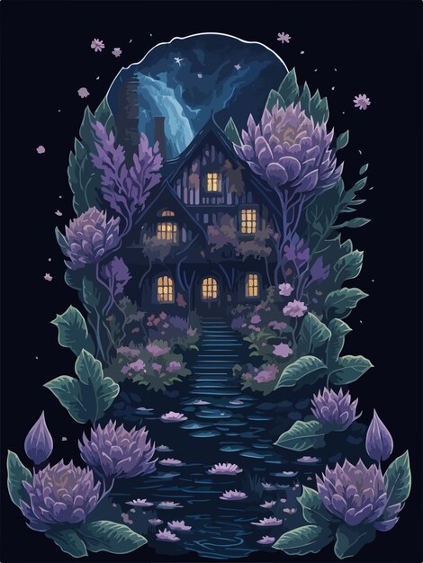 Nightfall casts enchanting spell stars twinkling above house surrounded by flowers