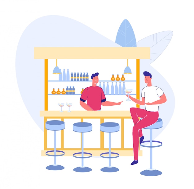 Vector nightlife in bar or pub - barman welcoming client.