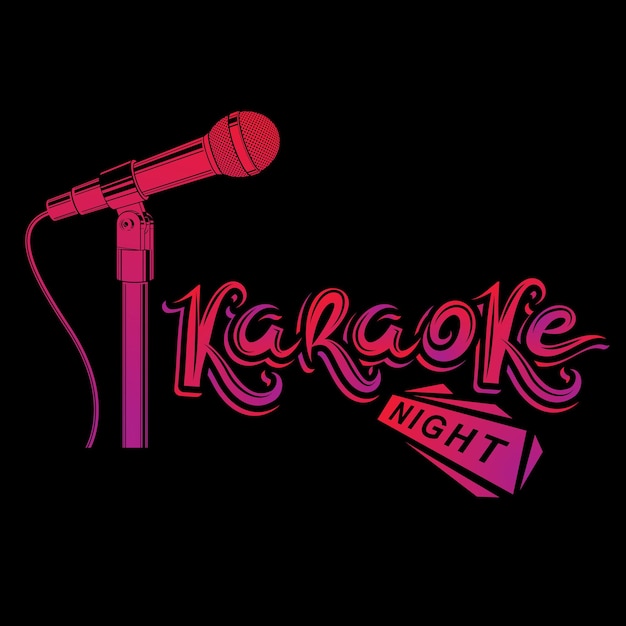 Vector nightlife entertainment concept, karaoke night vector inscription composed with stage microphone illustration. leisure and relaxation lifestyle presentation.