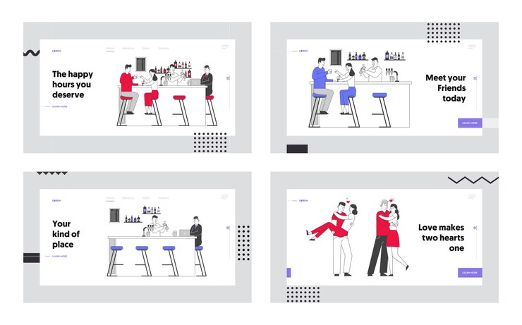 Vector nightlife spare time, dating website landing page set.