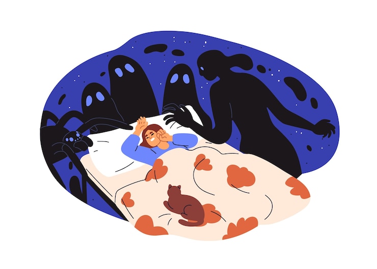 Vector nightmare bad night horror dream concept scary monsters creepy shadows around afraid frightened anxious woman in fear sleeping in bed flat vector illustration isolated on white background