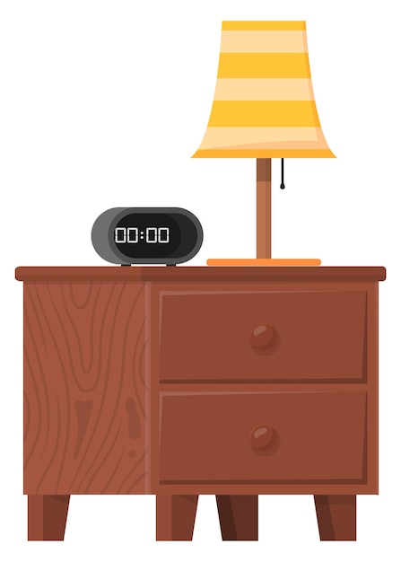 Nightstand table with lamp and alarm clock cartoon furniture isolated on white background