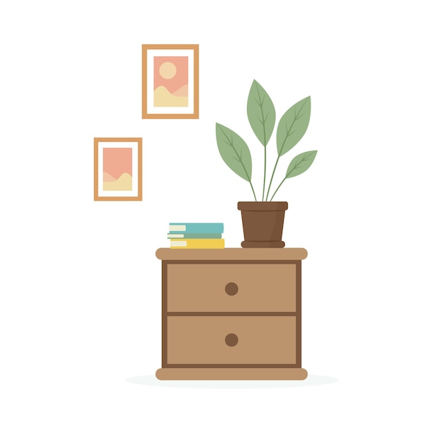 nightstand with books and flower pot interior illustration in flat style