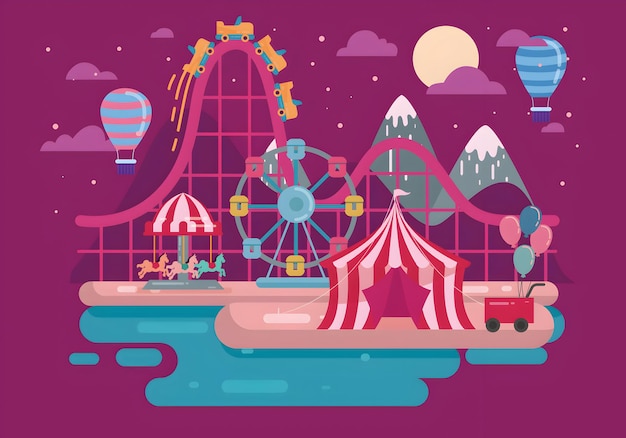 Nighttime Amusement Park with Roller Coaster and Ferris Wheel