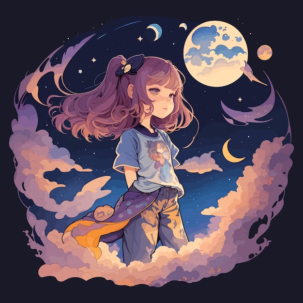 Nighttime Dreamer Een heerlijke cartoonillustratie van een meisje dat verdwaald is in de nachtelijke hemel