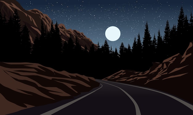 La notte nella foresta con la strada, la collina, la luna e le stelle