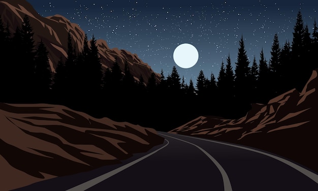 Ночь в лесу с дорогой, холмом, луной и звездами.