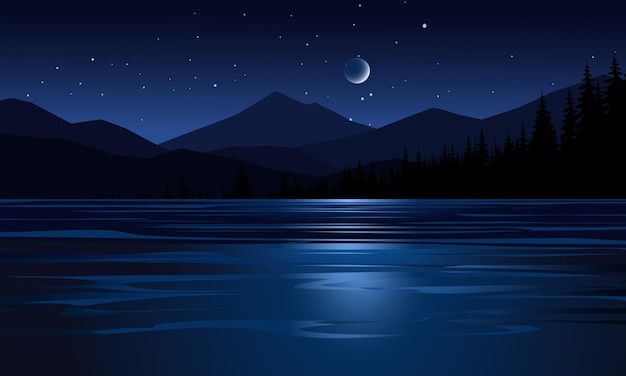 Vector nighttime landscape at lake with mountains moon and stars