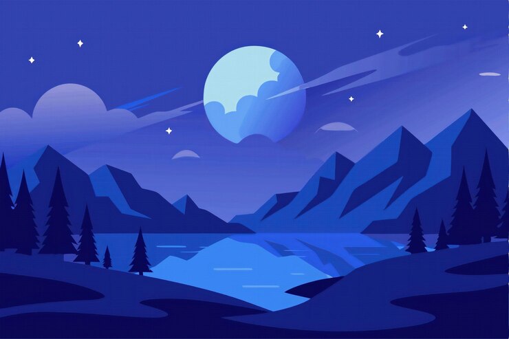 Vector nighttime landscape with the moon reflecting on the lake