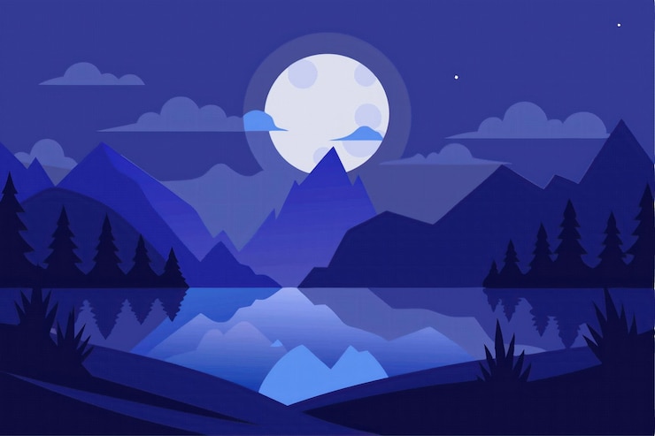 Vector nighttime mountain lake scene with moon and stars