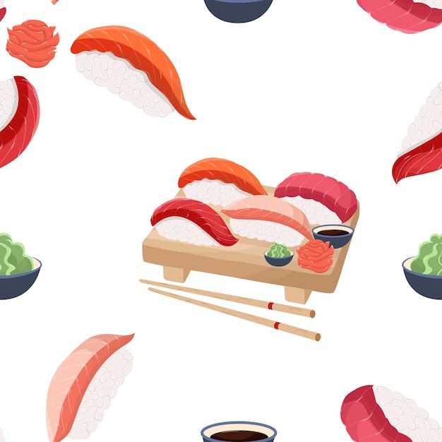 Nigiri sushi seamless pattern. Flat vector Japanese food.