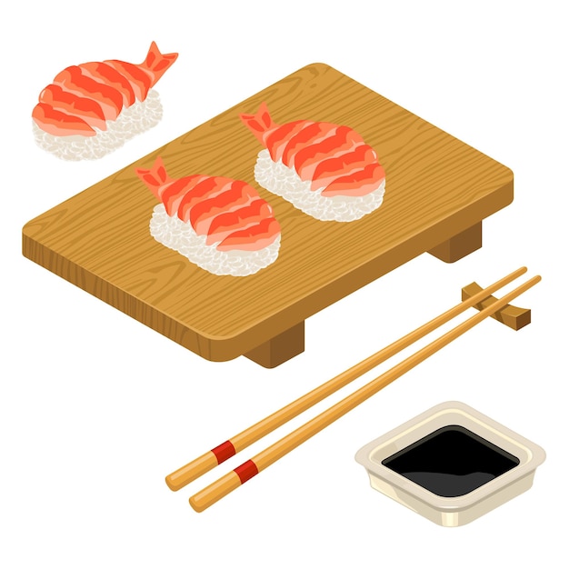 Vector nigiri sushi with shrimp chopsticks soy sauce in bowl and wood board vector flat color icon