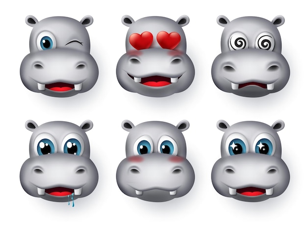 Nijlpaard emoji's en emoticon vector set nijlpaard emoticons dierlijke avatar gezicht met verliefd