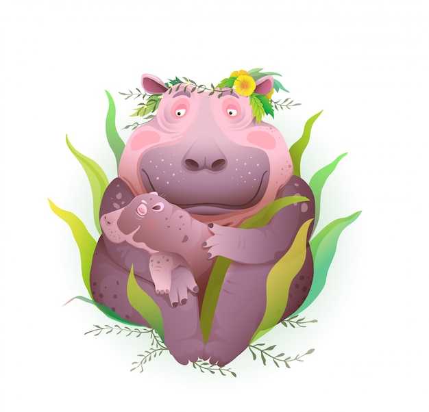 Nijlpaard moeder zorgt voor haar pasgeboren baby in de natuur met gras en bloemen, met kind in haar handen. Artistieke dierenliefde voor kind en moederschap illustratie, geïsoleerde clipart.