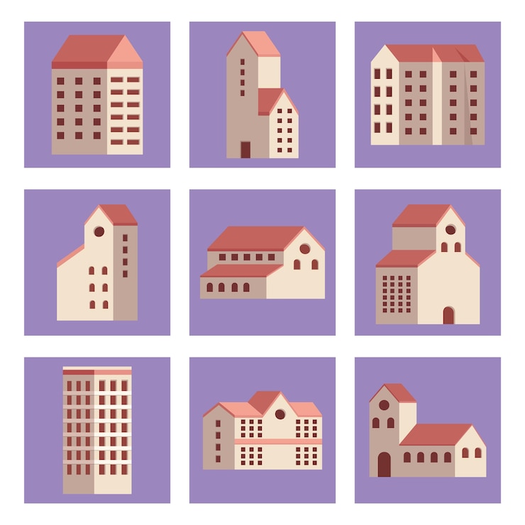 Vector nine city buildings set icons