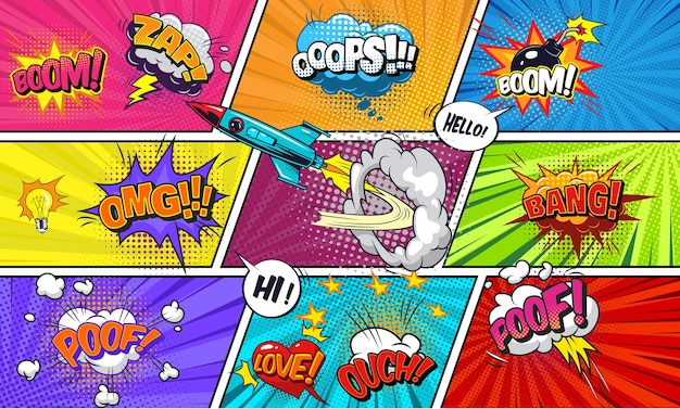 Nine colorful blank comic book page template background