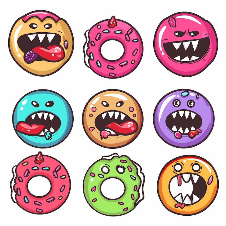 Vector nine colorful cartoon donuts various expressions donut has unique face tongues sticking out