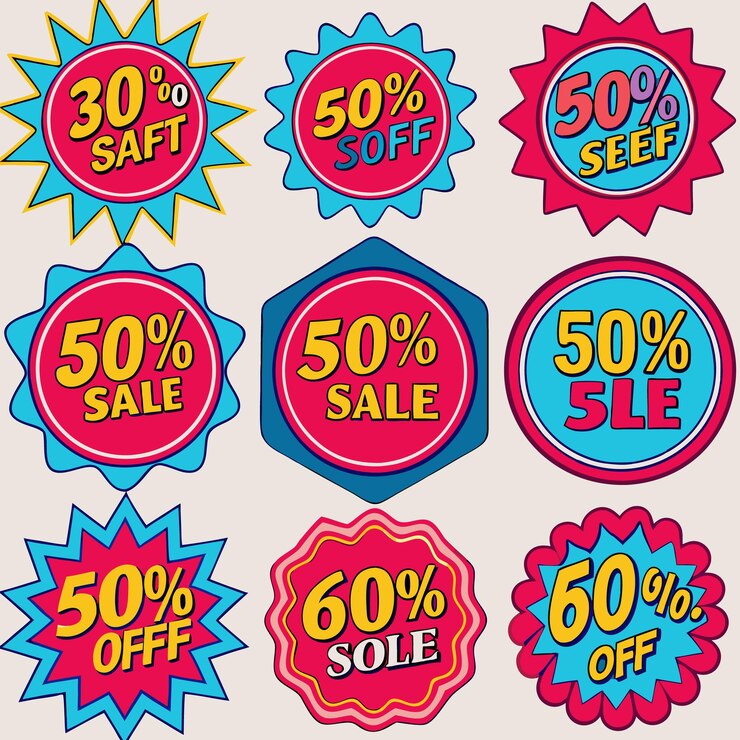 वेक्टर nine colorful discount badges with different shapes displaying various percentages