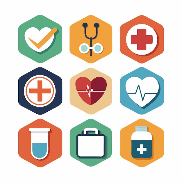 Vector nine colorful hexagon icons representing healthcare