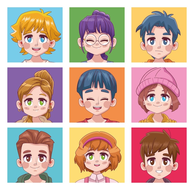 Nine cute youngs teenagers manga anime characters  illustration 